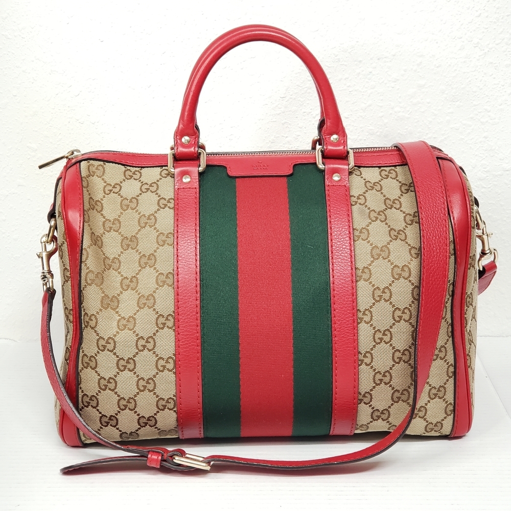 Authentic Gucci Boston GG Supreme Web Stripe Red Leather Satchel Bag - Picture 1 of 16